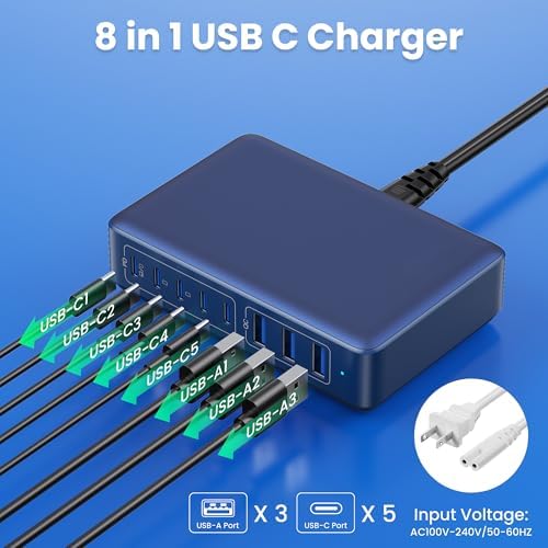 Revolutionary 300 W Ga N IV Technology USB-C Charging Hub – 8-Port Multi-Device Charger for Mac Book Pro/Air, DELL Laptops, i Phone 16/15/14 & Galaxy S25 – Sleek Navy Finish for Enhanced Home & Office Efficiency – Your Premier Solution for Rapid Device Power and Seamless Connectivity