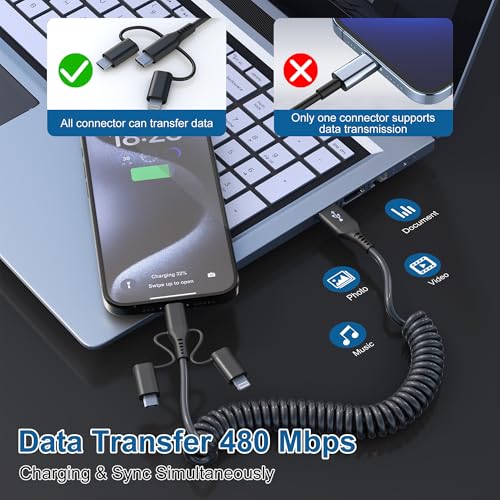 Versatile Coiled 3-in-1 Charging Cable: USB to Lightning, Type C, Micro USB – MFi Certified for Apple Carplay & Android Auto | Fast Charging & Data Sync for i Phone 16, 15, 14, 13 & Samsung Devices – Tangle-Free Travel Accessory
