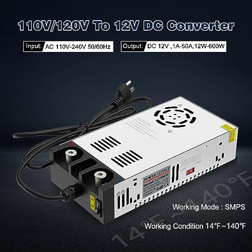 IMAYCC 600 W Adjustable AC to DC Converter – Efficient 110 V to 12 V Power Supply for Electronics and Automotive Applications, 50 A Output, Enhanced Safety Features, Compact Design for Easy Installation and Portability