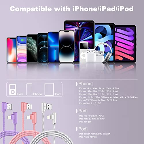 Premium 10 FT Nylon Braided i Phone Charger 3-Pack – MFi Certified USB A to Lightning Cables with 90-Degree Connector Design for Effortless Charging Compatibility with i Phone 14/13/12/11/X/Max/8/7/6/6 S/5/5 S/SE/Plus/i Pad – Fast Charging & Durable Performance for Everyday Use