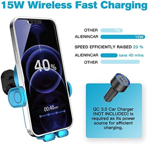 15 W Fast Wireless Car Charger with Auto-Clamping Mount – Effortless Air Vent Holder for i Phone 14/13/12/11/Pro/Xr/Xs/X/8 and Samsung S22/S21/S20 – Sleek Black Design for Enhanced Compatibility and Safety on the Go