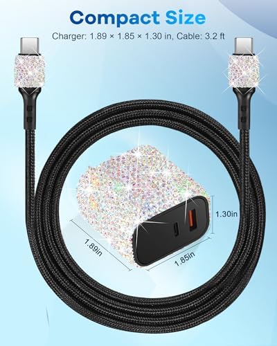Effortless Power Boost: Bling USB C Wall Charger with 20 W Dual Port Fast Charging Adapter & 3.2 FT Type-C Cable – Universal Compatibility for i Phone 16/15 Pro Max, i Pad, and Samsung Galaxy S23/S22/S21/Note Series – Ultimate On-the-Go Charging Solution for Home & Travel