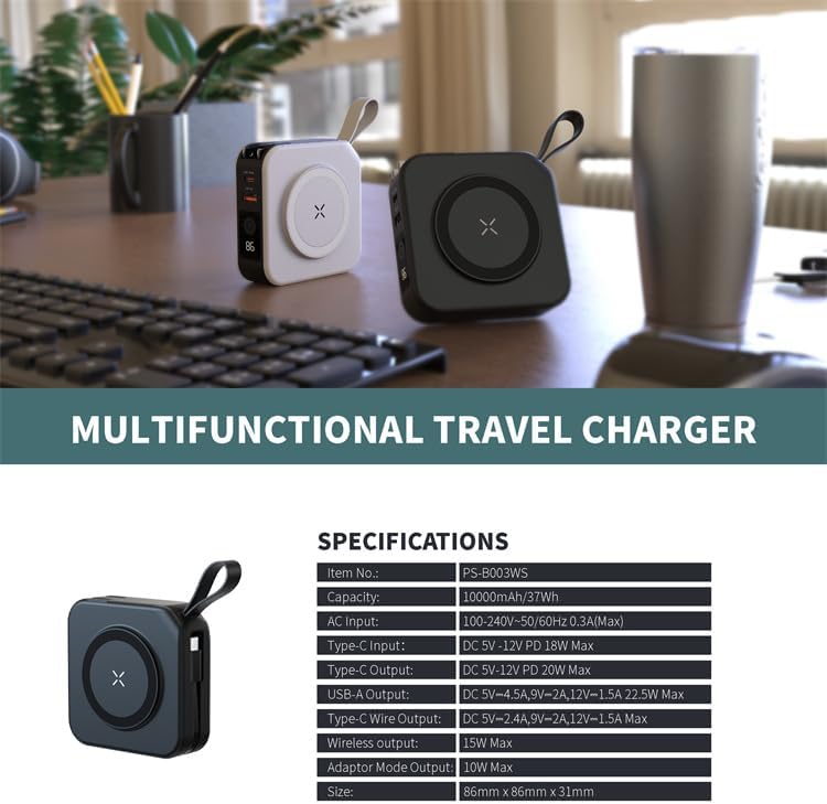 Ultimate Travel Charger and Power Bank – Wireless Charging with 3 Global Adaptors, Built-In Cables, and Integrated Phone Holder for Seamless On-the-Go Power Solutions (White) – Ideal for Frequent Travelers and Busy Professionals