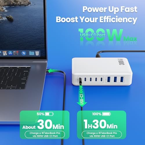 Revolutionary 300 W Ga N IV Technology USB-C Charging Hub – 8-Port Multi-Device Charger for Mac Book Pro/Air, DELL Laptops, i Phone 16/15/14 & Galaxy S25 – Sleek Navy Finish for Enhanced Home & Office Efficiency – Your Premier Solution for Rapid Device Power and Seamless Connectivity
