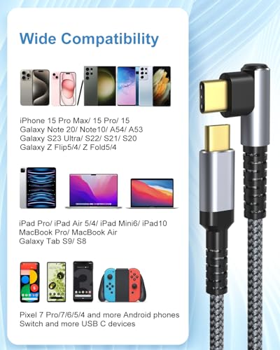 Enhanced 10 ft Right Angle USB C to USB C Cable – 60 W Fast Charging and Data Transfer for i Phone 16, Mac Book, Galaxy S24 – 4-Pack Durable Braided Design for Optimal Performance and Convenient Use