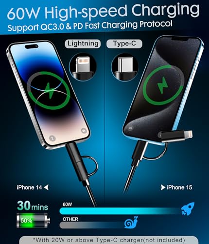 Elevate Your Charging Game: 2 Pack 6.6 FT 2-in-1 USB C to Lightning & USB C Charger Cable for Fast, Versatile Power Delivery – Perfectly Compatible with i Phone 15, 14, 13, 12, 11 Pro Max Mini, i Pad, i Pod, Samsung & Google Devices – Durable, Long-Lasting Design in Sleek Black Finish