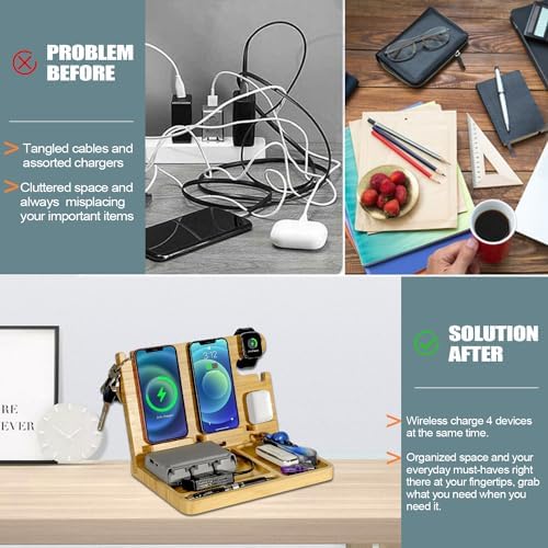 Eco-Friendly Wood Phone Docking Station with Dual 27 W Fast Charging for i Phone, Samsung, Apple Watch & Air Pods – Stylish Nightstand Organizer and Ideal Gift for Men and Women on Birthdays or Anniversaries