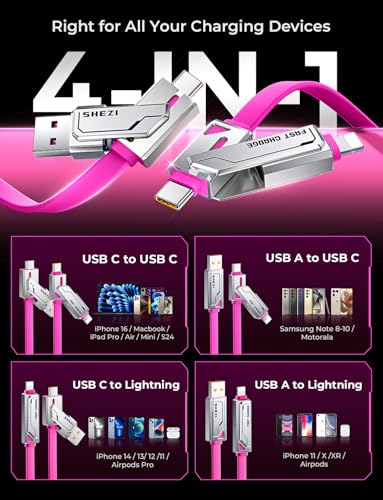 SHEZI 4-in-1 USB C Charging Cable | 240 W Fast Charging Solution for i Phone 16/15 & More | 5 FT Durable Flat Silicone Cord with Lightning, USB-C, USB-A Connectors | Versatile Multi-Device Charger for Home, Office & Travel | Enhanced Compatibility & Speed