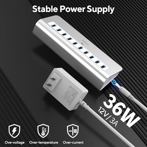 Ultimate 10-Port USB Hub 10 Gbps – Powered Aluminum Data Hub with 7 USB 3.1 Ports & 3 Fast Charging Ports for Mac, PC, and Laptop – 36 W Power Adapter Included, Type A & C Connectivity for Enhanced Performance and Speed