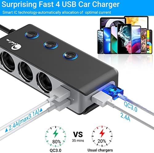 Revolutionize Your Road Trips with the Qidoe Quick Charge 3.0 Cigarette Lighter Splitter – 3-Socket Power Hub with 4 High-Speed USB Ports and LED Battery Voltage Display, Designed for 12 V/24 V Vehicles with Energy-Saving Controls for Ultimate Device Efficiency and Compatibility