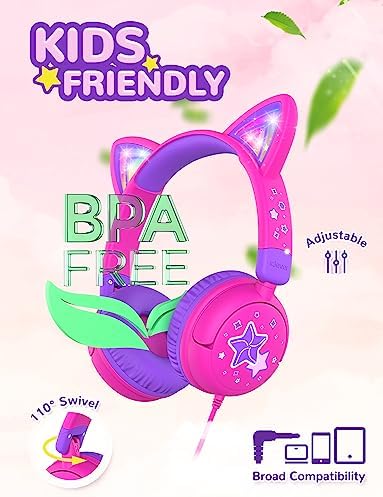 Colorful LED Cat Headphones for Kids – Safe 85 d B Volume Limit, USB-C Compatible, Perfect for Travel & Learning, Premium Stereo Sound for Tablets & i Pads, Durable & Stylish Design