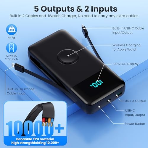 High-Capacity 40800 m Ah 5-in-1 Portable Power Bank with Fast Charging for i Phone and Apple Watch – Dual Built-in Cables, Magnetic Wireless Charger, LED Display, Ideal for Travel and Outdoor Adventures, Compatible with Android and More Devices
