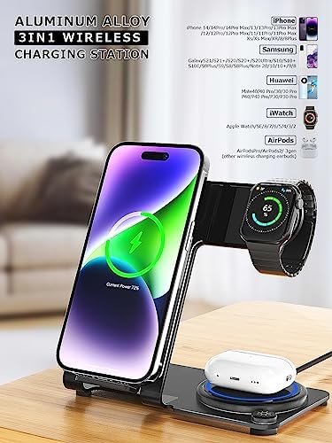 3-in-1 Aluminum Alloy Wireless Charging Station – 18 W Fast Charger for i Phone 15/14/13/12/11/Pro/Max/XS/XR/X/8, Apple Watch 9/8/7/6/5/4/3/2/SE & Air Pods Pro/3/2 – Sleek, Efficient, and Tangle-Free Solution for All Your Devices
