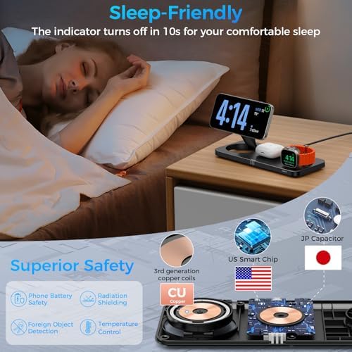 Ultimate 3-in-1 Wireless Charging Station for Apple Devices – Rapid 15 W Magnetic Charger for i Phone 16/15/14/13/12 Pro Max, Compatible with Apple Watch Series S2 to Ultra, Air Pods Pro/4/3/2 – Foldable Travel-Friendly Design for Effortless Charging Anywhere