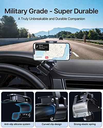 Military-Grade Universal Car Phone Mount for Dashboard | Ultra-Stable Clip Holder with Firm Grip for i Phone 16, 15, 14, 13, 12 Pro Max & Android Devices | One-Handed Operation for Safe Navigation & Easy Access | Enhanced Compatibility with GPS Systems