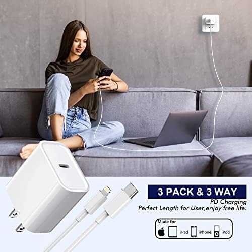 Premium Apple MFi Certified 3-Pack i Phone Charger Set with PD Type C Quick Wall Block and 6 FT Fast Charging USB C to Lightning Cable – Ultimate Speed and Compatibility for i Phone 14/13/12/Pro/Max/11/XR/SE 2022 and i Pads, Perfect for Home or Travel Use