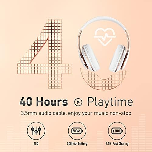 Experience Superior Sound with Falebare Wireless Over-Ear Headphones – Chic White & Rose Gold Design, 40-Hour Playtime, 6 Custom EQ Modes, Effortlessly Foldable for Travel, Built-In Microphone for Clear Calls, Plus TF/FM Radio Functionality for Complete Audio Versatility on Any Device. Perfect for Music Enthusiasts and Professionals Alike.