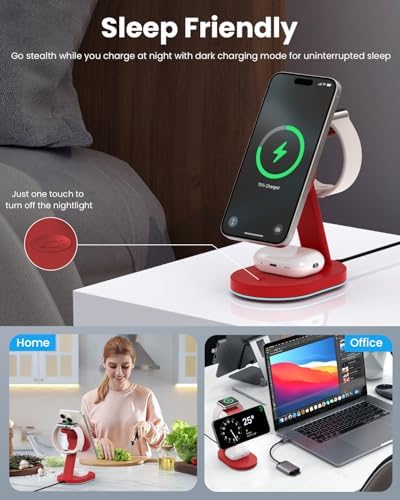 Ultimate 3-in-1 Wireless Charging Station for i Phone, Apple Watch, and Air Pods – Qi2 Certified 15 W Magnetic Charger with 30 W USB-C Adapter & Integrated Night Light – Streamlined Design for i Phone 16/15/14/13/12 – Superior Speed and Enhanced Compatibility for Modern Tech Users