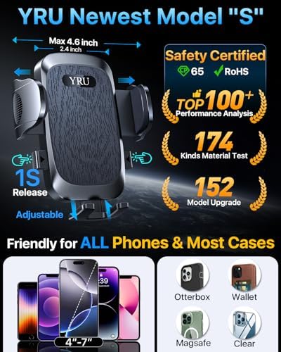 YRU 2025 Premium Adjustable Car Phone Holder Mount – Versatile Bendable Aluminum Arm for Secure Dashboard & Windshield Positioning – Universal Compatibility for i Phone 16, 15, 14, 13 Pro Max, Samsung & More – Sleek Black Design for Modern Vehicles – Effortless Tool-Free Installation – Enhance Navigation & Hands-Free Calling Experience
