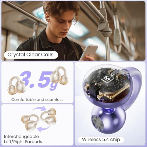 Premium Open Ear Bluetooth 5.4 Clip-On Headphones for Small Ears – Lightweight, Comfortable Sports Earbuds with 50-Hour Playtime, Waterproof & Dustproof Design, Perfect for Glasses Wearers, Seamless Android/i OS Compatibility for Active Lifestyles, Off White