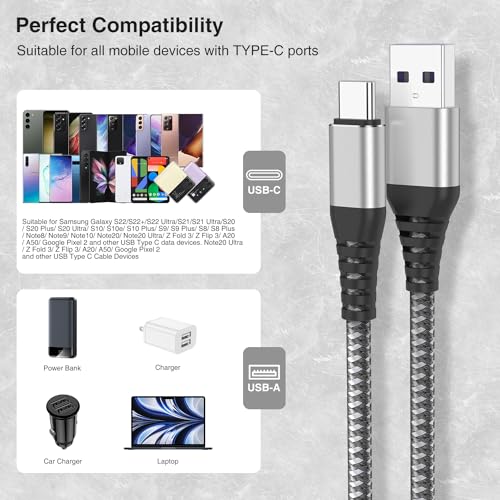 High-Speed Braided USB A to Type C Charger Cable Set – 5 Pack of 6 ft Fast Charging Cables for Samsung Galaxy S Series, Note Series, and Moto G Series – Durable Dark Gray Design for Maximum Flexibility and Compatibility