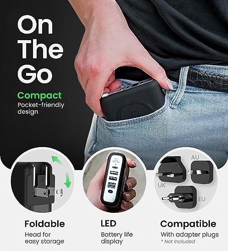 Infina Core P3 8000 m Ah Portable Power Bank: Ultra-Fast 18 W USB-C Charger with 4-in-1 Functionality, Qi Wireless Compatibility, and Travel-Ready Foldable Plug for Effortless Device Charging on the Go