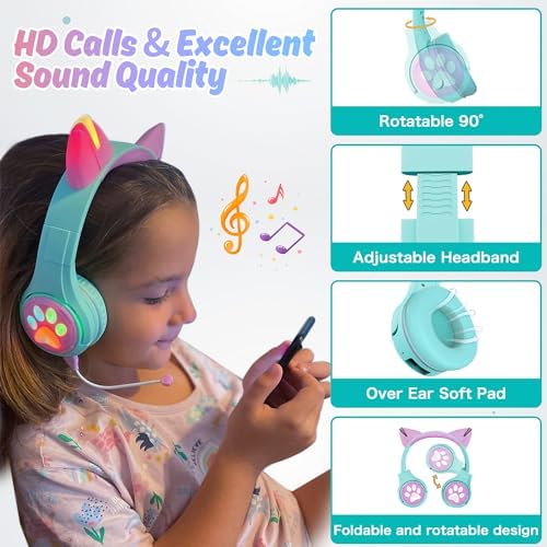 Riwbox CF9 Cat Ear Bluetooth Headphones for Kids – Safe 85 d B Volume Limit, Fun LED Light-Up Design, Dual Microphones for Clear Calls, Perfect for Tablets, Schools, Air Travel & Remote Learning, Lightweight Comfort in Trendy Purple