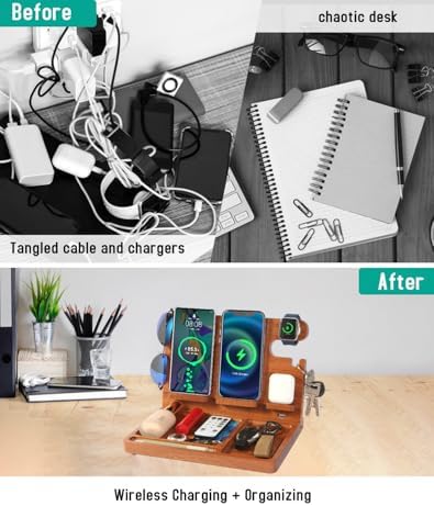 Sleek Wooden Nightstand Organizer with 4-in-1 Wireless Charging Station for i Phone & Android, Fast 27 W Charger for Apple Watch and Air Pods, Stylish Wallet & Key Holder – Perfect Gift for Men and Tech Lovers