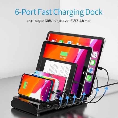 Bototek 60 W Multi-Device Charging Hub – 6-Port USB Fast Charger Dock for i Phones, i Pads, Smartphones & Tablets – Sleek Black Power Station with Advanced Safety Technology for Optimal Device Organization in Home & Office Spaces