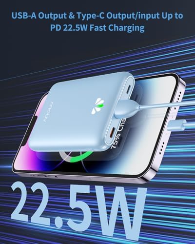 Ultra Slim ANOUV 10,000 m Ah Portable Charger – Fast Charging Power Bank with PD 22.5 W & QC 3.0 for i Phone and Android Devices – Lightweight External Battery for On-the-Go Charging Needs