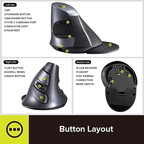 Elevate Your Comfort: De LUX Wired Vertical Ergonomic Mouse for Medium Hands – 6 Programmable Buttons, 4200 DPI Precision, and Removable Palm Rest to Alleviate Wrist Pain and Carpal Tunnel Symptoms – Ideal for Enhanced Productivity and Seamless Compatibility Across Operating Systems