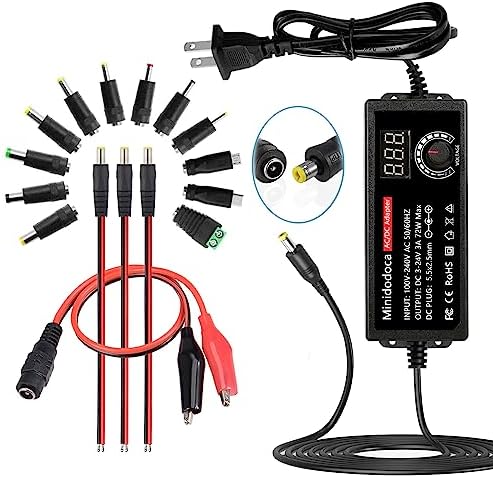 Universal 72 W Adjustable AC/DC Power Supply with LED Voltage Display – Minidodoca 3 V-24 V Adapter for Efficient Household Electronics Charging – 3000 m A Output with 16 Interchangeable Tips for Maximum Compatibility and Convenience