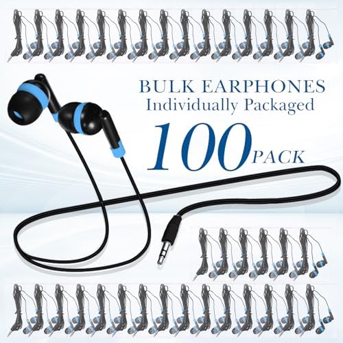 Kanayu 100-Pack Classroom Wired Earbuds – High-Quality Red Headphones with 3.5 mm Jack for Enhanced Learning Experiences, Individually Packaged for Hygiene and Easy Distribution, Ideal for Focused Listening in Libraries and Classrooms, Distraction-Free Design Without Microphone