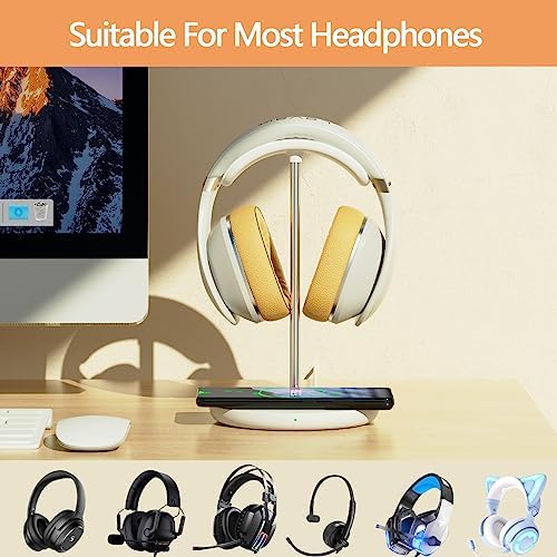 Upgrade Your Desk with the All-in-One Wireless Headphone Stand & Fast Charging Dock – Sleek Organizer for i Phone 15/14/13/12/11 & Air Pods Pro/3/2, Premium White Finish Ideal for Gamers and Music Aficionados, Optimize Your Workspace Efficiency and Connectivity