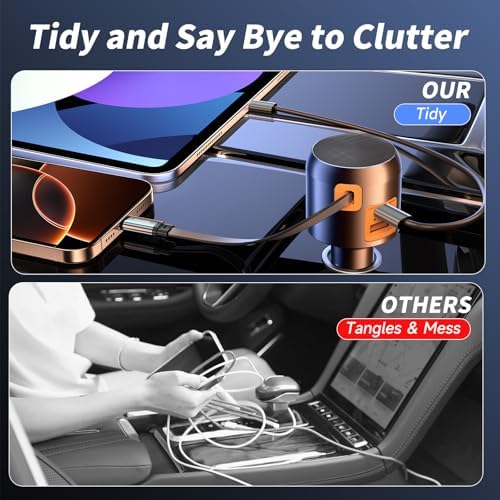 Effortless Charging on the Go: Retractable 60 W USB C Car Charger for i Phone 16, i Pad, Pixel & More – Compact Fast Charge Solution with Built-In Retractable Cable for Enhanced Compatibility and Clutter-Free Storage