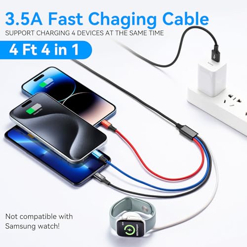 Ultimate 4-in-1 Travel Charging Cable Duo – Durable Braided USB C, Lightning, and Micro USB Connectors for Apple Watch Series Ultra/SE/10-1, i Phone 16/15/14, and Galaxy Devices – 4 Ft Fast Charging Solution for Effortless Connectivity on the Go