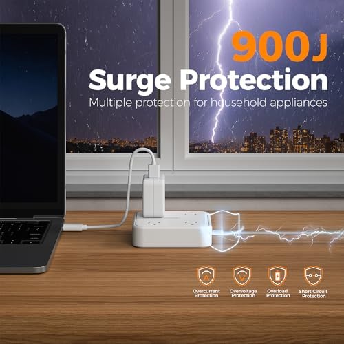 TESSAN 5 FT Flat Extension Cord Surge Protector – 4 Outlet Power Strip with 3 USB C Ports (1 USB C) for Fast Charging, 900 Joules Electronics Protection, Space-Saving Design for Home, Office, and Dorm Use, Enhanced Compatibility and Efficiency