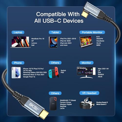 USB C Monitor Cable 8K@60Hz/4K@144Hz, Right Angle Display Video Output, 40Gbps High Speed Data Transfer, USB C 3.2 Gen 2×2, 240W Fast Charge for iPhone 16, MacBook Pro, iPad, Lenovo – 5FT – Enhanced Compatibility and Speed