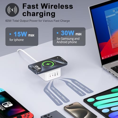 Power Up Your Devices with the 60 W Rapid Wireless Charger Block – Universal Charging Solution for i Phone 16 Series, Samsung Galaxy S24, Motorola Razr 2024 & More – 4-Port USB C Charging Station for Fast, Efficient Multi-Device Charging – Compact Design with Advanced Safety Features for Optimal Device Protection