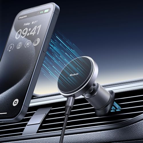 Mcdodo Mag Safe Wireless Car Charger with 18 Strong Magnets – 15 W Fast Charging Mount for i Phone 15, 14, 13, 12 – Space-Saving Air Outlet Design for Seamless Navigation and Hands-Free Use – Premium Quality Magnetic Phone Holder for Ultimate Driving Convenience