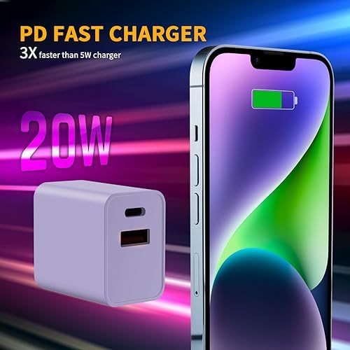 Dual Port USB C Fast Charging Block for Watch SE & i Phone 14 Pro Max – 2023 Upgrade with Elegant Purple Design | Simultaneously Charge Smartwatches and Smartphones | Compact & Durable Adapter for On-the-Go Efficiency
