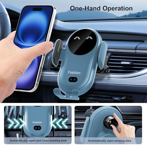 Enhanced Wireless Car Charger Mount with Automatic Clamping – MAX 15 W Qi Fast Charging for i Phone 16/15/14/13/12 Pro/Pro Max, Samsung S22/S21/S20/Note 20 – Effortless One-Handed Operation, Air Vent Installation, Stylish Blue Design for Seamless Driving Experience