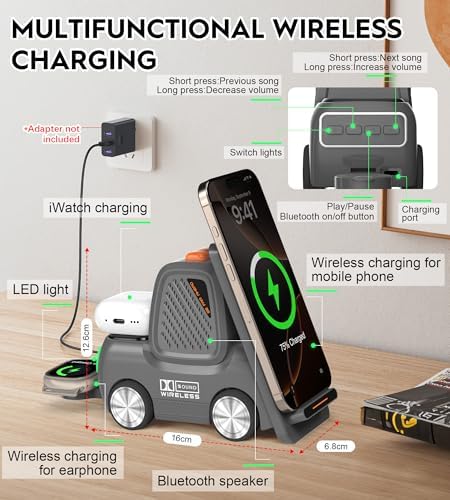 Forklift-Style 4-in-1 Wireless Charging Station with Bluetooth Speaker – Fast Charging Hub for i Phone 16/15/14/13 Pro Max, Apple Watch, Air Pods & Android Devices – Premium Sound & Compact Travel Design for Seamless Audio Streaming & Device Safety