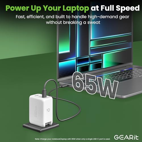 Power Up Your Devices Efficiently with the GEARit 65 W Ga N USB-C Triple-Port Fast Charger – PD 3.0 Wall Adapter for Seamless Charging of Apple, Samsung, Google, and Dell Devices – Compact, Lightweight Design with Superior Safety Features for Fast Multi-Device Power Delivery