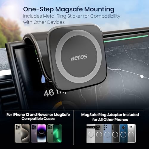 Aetos Mag Safe Car Mount: Ultimate 360° Rotatable Phone Holder for i Phone 15/14/13/12 Pro/Plus/Max & Android Devices – Adjustable Alloy Arm for Custom Positioning, Sleek Modern Design Enhances Vehicle Aesthetics, Effortless Hands-Free Navigation & Calls, Durable Yet Lightweight for Everyday Use – Elevate Safety and Convenience on the Road