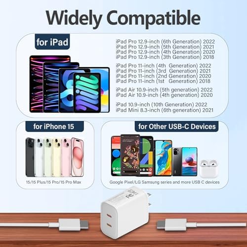 36 W Ga N Dual Port USB C Fast Charger with Two 6 FT Cables for i Phone 15 & i Pad Pro – Rapid Power Delivery for Dual Device Charging – Compact, Travel-Friendly Design – Maximize Your Charging Efficiency Anytime, Anywhere