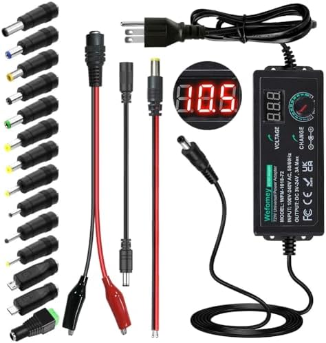 Versatile 72 W Adjustable AC/DC Power Adapter with 14 Interchangeable Tips – Universal Charger for 3 V-24 V Devices, Fast Charging Solution for Laptops, Routers, and Cameras, Compact and Durable Power Supply for Home and Office Use