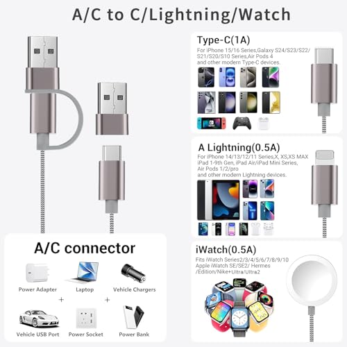 Ultimate 3-in-2 USB C Fast Charging Cable for Apple Watch & i Phone | 4 FT Multi-Device Charger for Apple Watch Ultra/Series 10-3 & i Phone 16-12, Galaxy S25 | Streamlined Power Delivery & Clutter-Free Solution for Busy Lifestyles