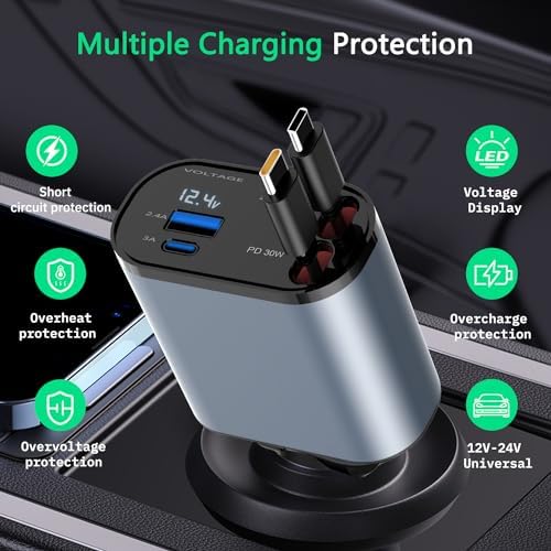 Paiholy 66 W 4-in-1 Retractable Car Charger – Dual USB Fast Charging Station with Dual i Phone Cables for i Phone 14/13/12/11 Pro Max/XS MAX and i Pad – Real-Time Voltage Display, Compact Design for Effortless Travel Convenience