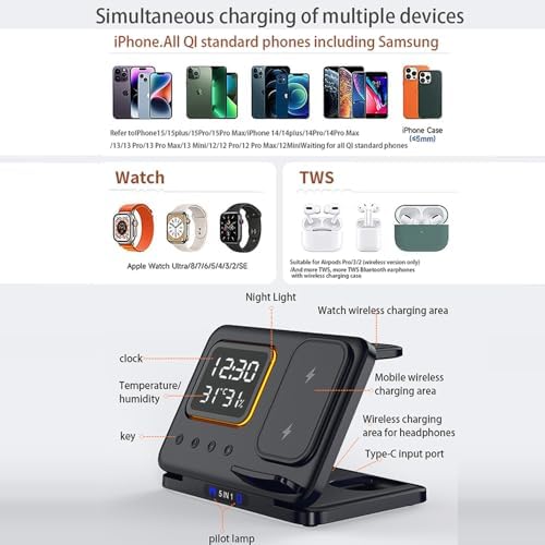 Revolutionary 5-in-1 Wireless Charging Station with Digital Clock, Night Light, and Temperature Display – 15 W Fast Charge for Qi Phones, Smartwatches & TWS Earbuds – Enhanced Safety Features and Space-Saving Design for Home or Travel